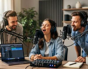 A group of podcasters who are singing along